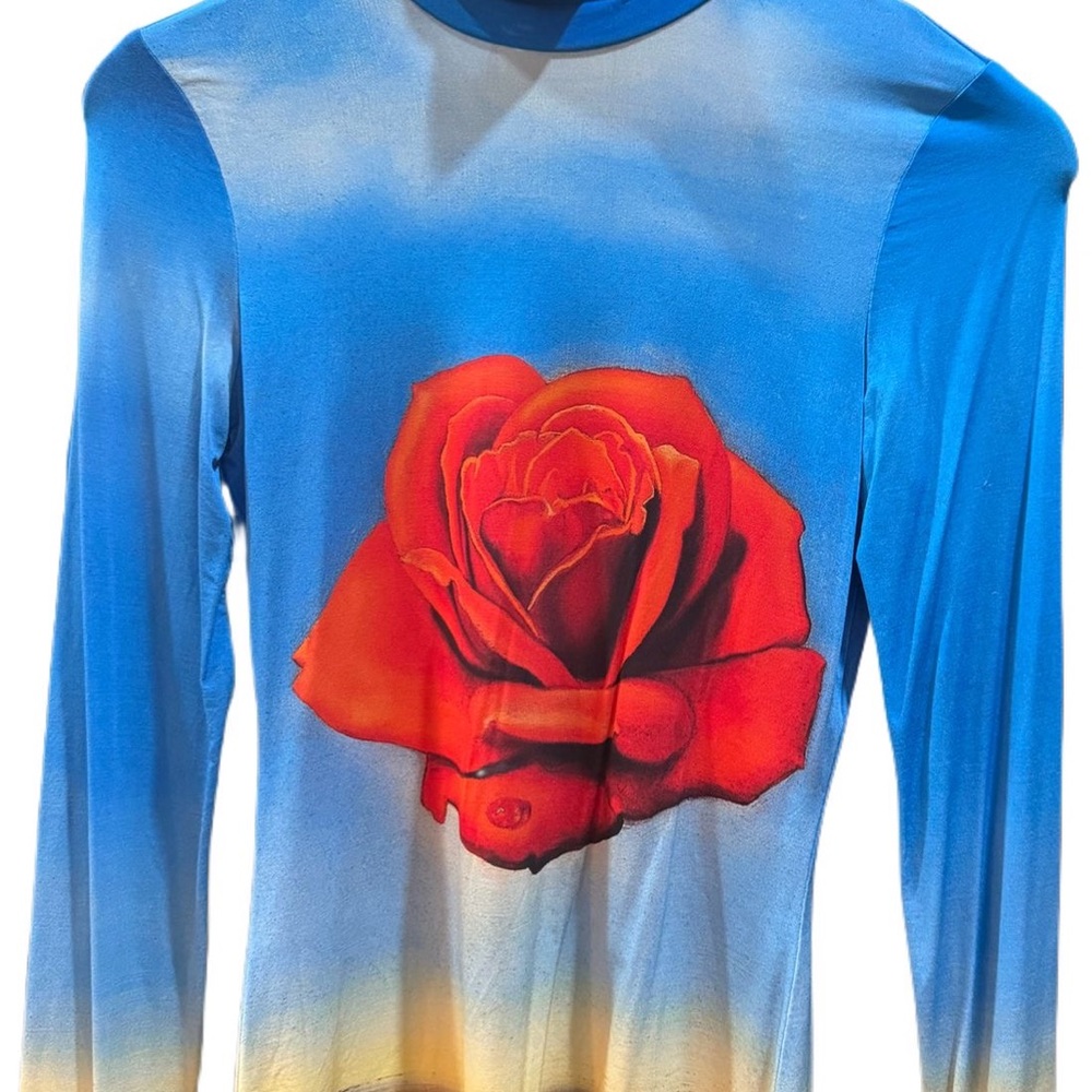 Paco Rabanne Blue Long-Sleeve Top with Red Rose Print